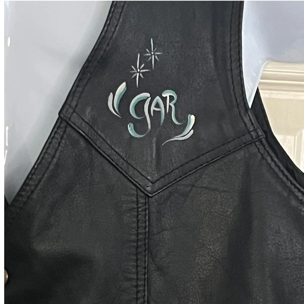 Vtg Leather Biker Vest Airbrushed Eagles in Flight Mountain Sz‎ Med name GAR